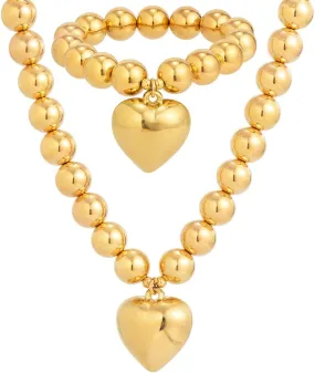 Salircon Chunky Gold Heart Choker Necklace and Bracelet Set With Big Pendant, Pearl Toggle, and Gold Beads
