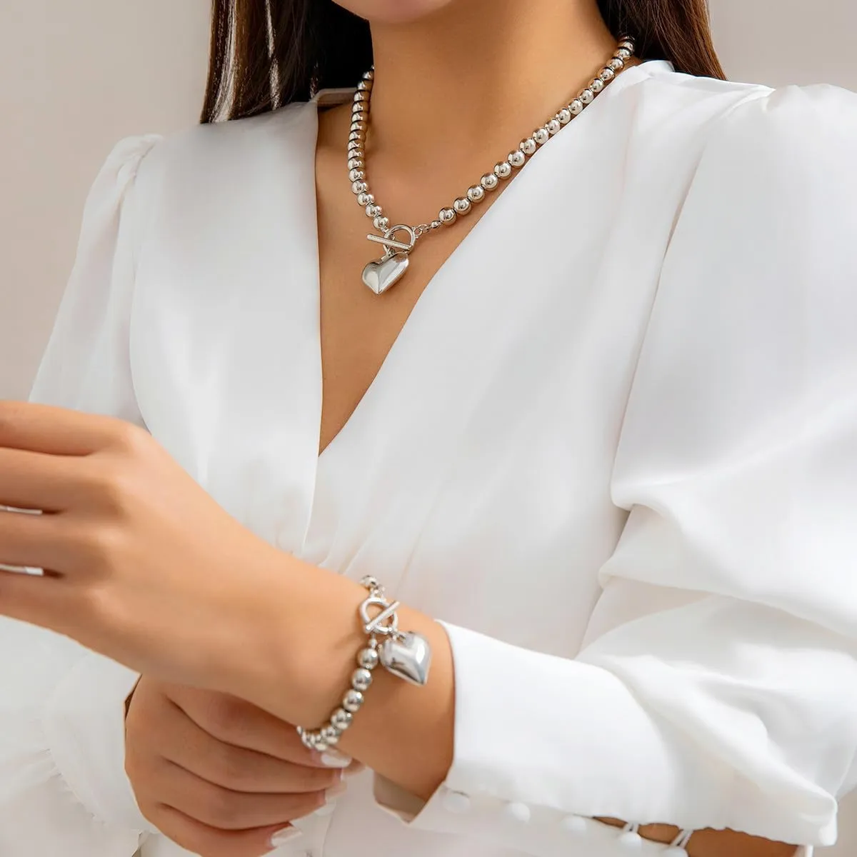 Salircon Chunky Gold Heart Choker Necklace and Bracelet Set With Big Pendant, Pearl Toggle, and Gold Beads