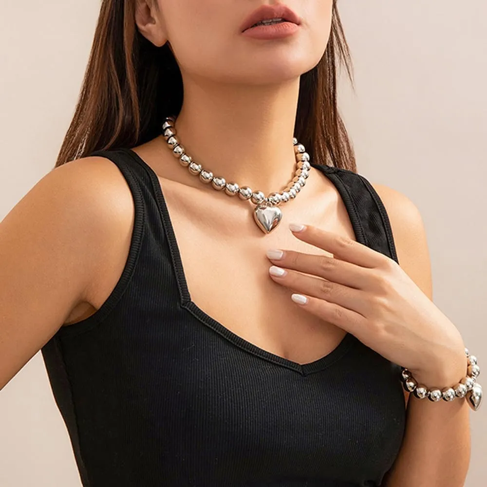 Salircon Chunky Gold Heart Choker Necklace and Bracelet Set With Big Pendant, Pearl Toggle, and Gold Beads