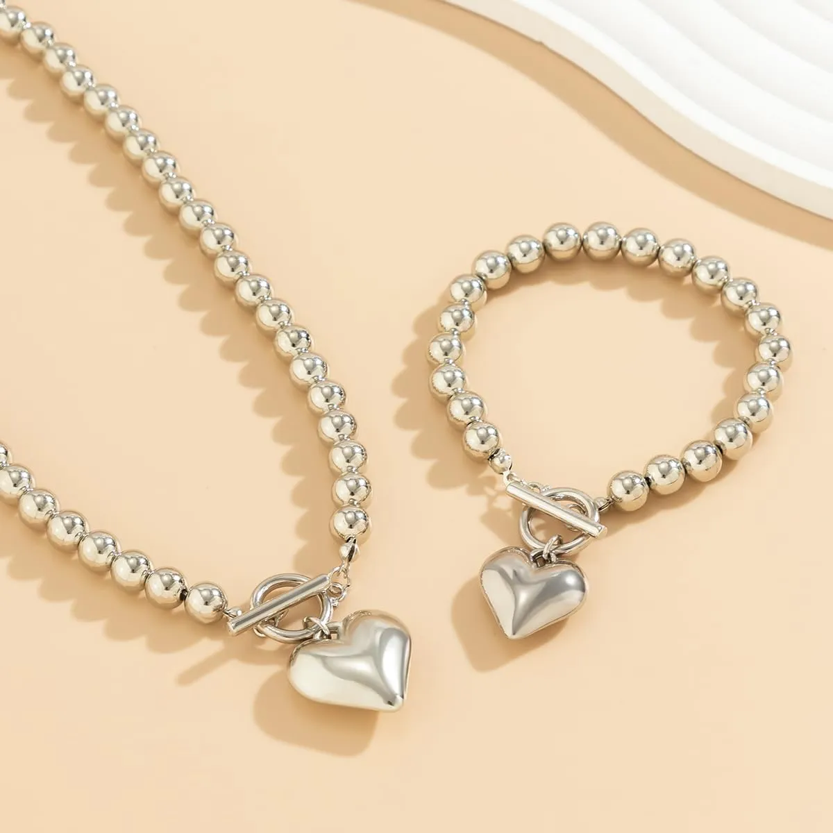 Salircon Chunky Gold Heart Choker Necklace and Bracelet Set With Big Pendant, Pearl Toggle, and Gold Beads