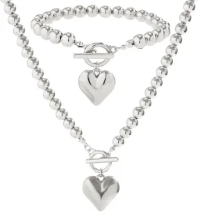 Salircon Chunky Gold Heart Choker Necklace and Bracelet Set With Big Pendant, Pearl Toggle, and Gold Beads