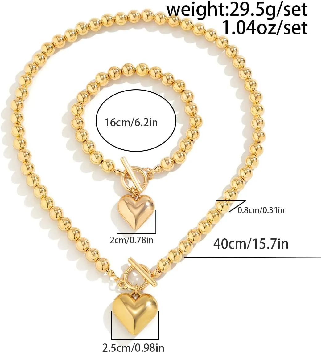 Salircon Chunky Gold Heart Choker Necklace and Bracelet Set With Big Pendant, Pearl Toggle, and Gold Beads