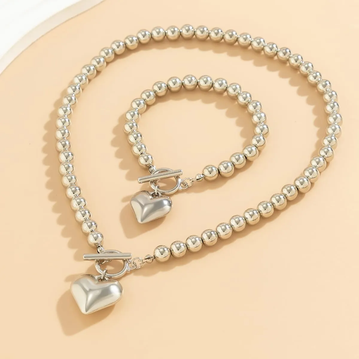Salircon Chunky Gold Heart Choker Necklace and Bracelet Set With Big Pendant, Pearl Toggle, and Gold Beads