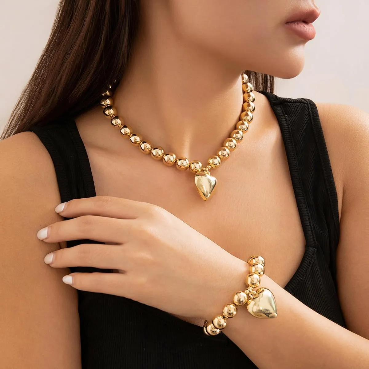 Salircon Chunky Gold Heart Choker Necklace and Bracelet Set With Big Pendant, Pearl Toggle, and Gold Beads