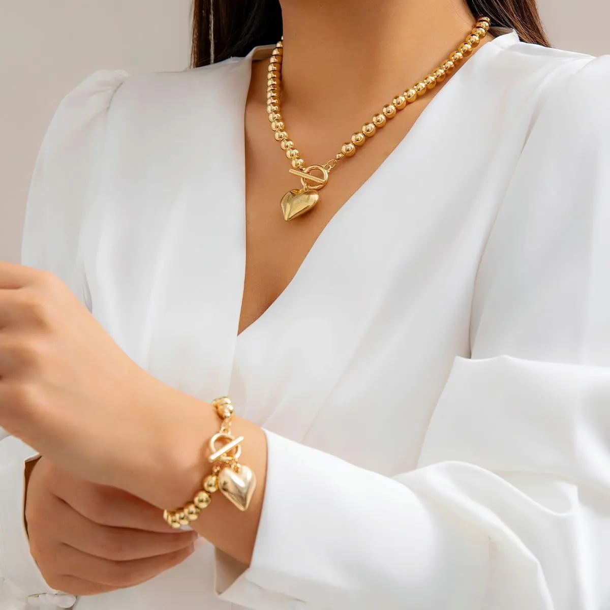 Salircon Chunky Gold Heart Choker Necklace and Bracelet Set With Big Pendant, Pearl Toggle, and Gold Beads