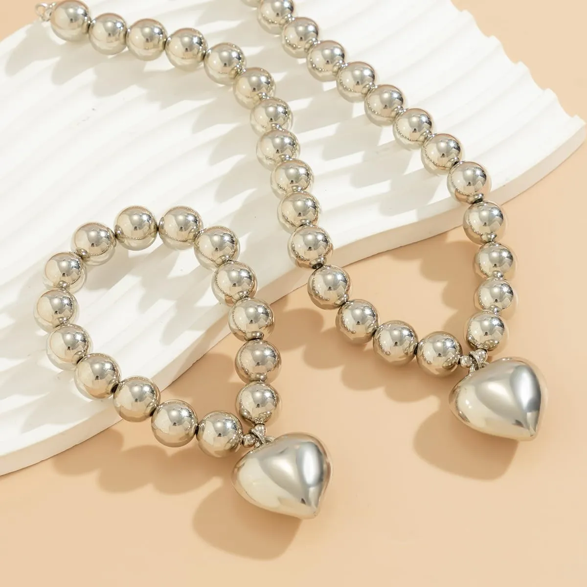 Salircon Chunky Gold Heart Choker Necklace and Bracelet Set With Big Pendant, Pearl Toggle, and Gold Beads