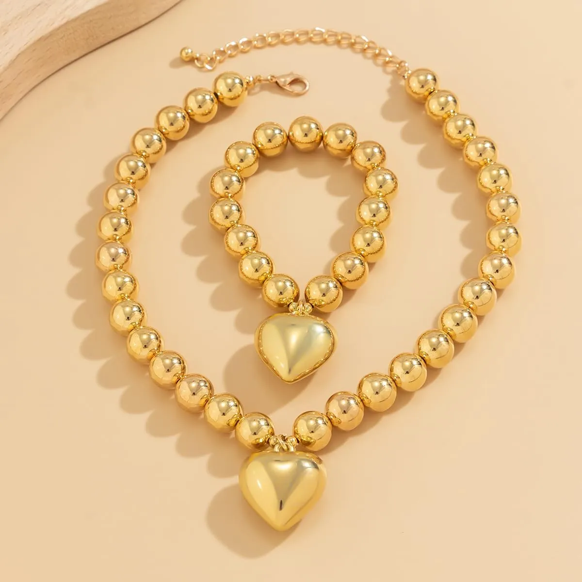 Salircon Chunky Gold Heart Choker Necklace and Bracelet Set With Big Pendant, Pearl Toggle, and Gold Beads