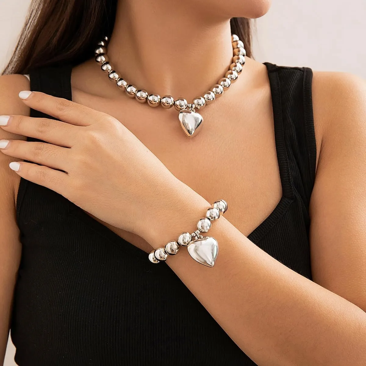 Salircon Chunky Gold Heart Choker Necklace and Bracelet Set With Big Pendant, Pearl Toggle, and Gold Beads