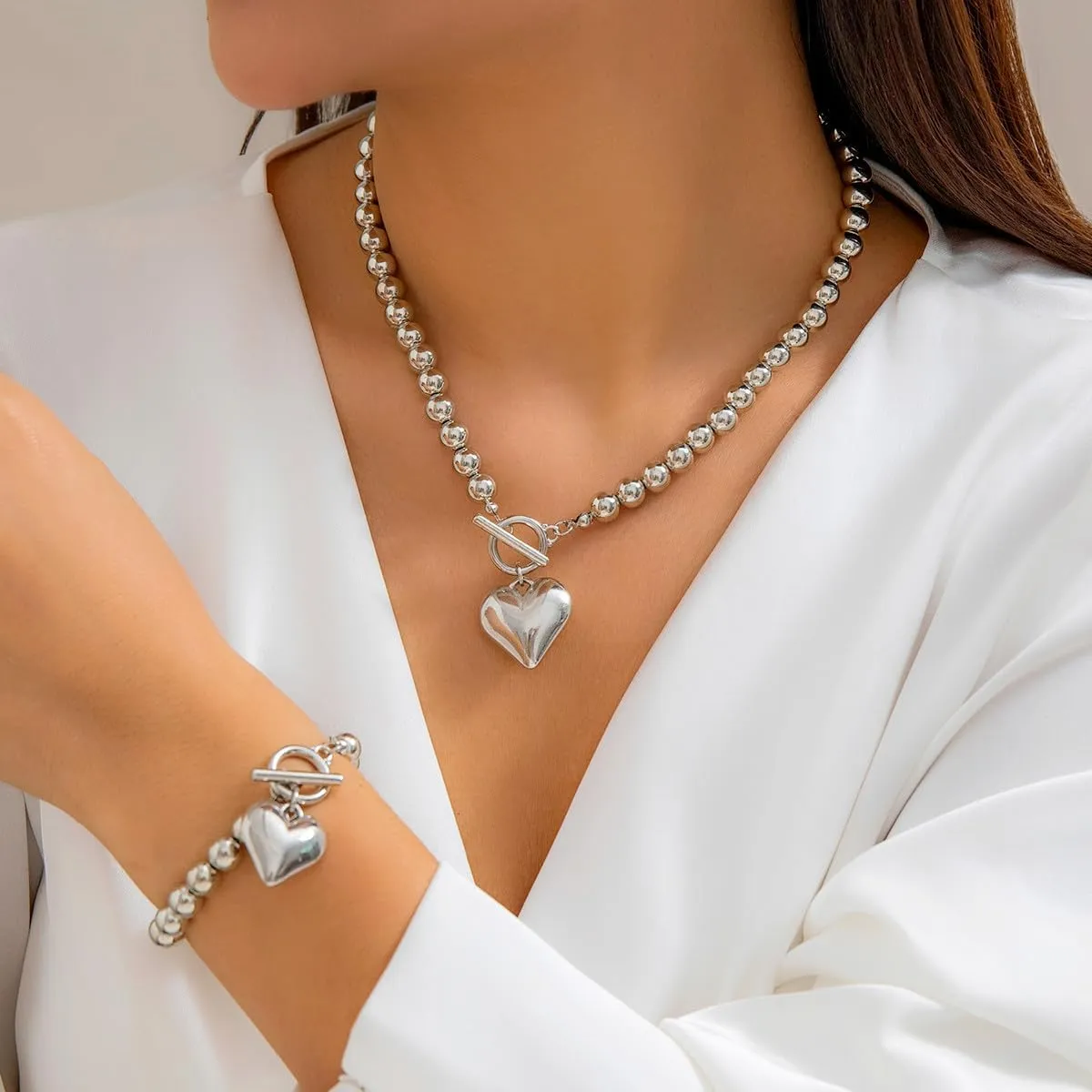 Salircon Chunky Gold Heart Choker Necklace and Bracelet Set With Big Pendant, Pearl Toggle, and Gold Beads