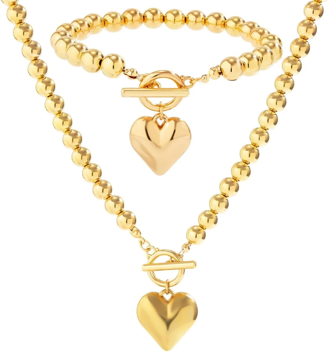 Salircon Chunky Gold Heart Choker Necklace and Bracelet Set With Big Pendant, Pearl Toggle, and Gold Beads