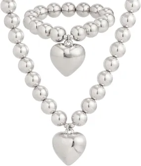 Salircon Chunky Gold Heart Choker Necklace and Bracelet Set With Big Pendant, Pearl Toggle, and Gold Beads