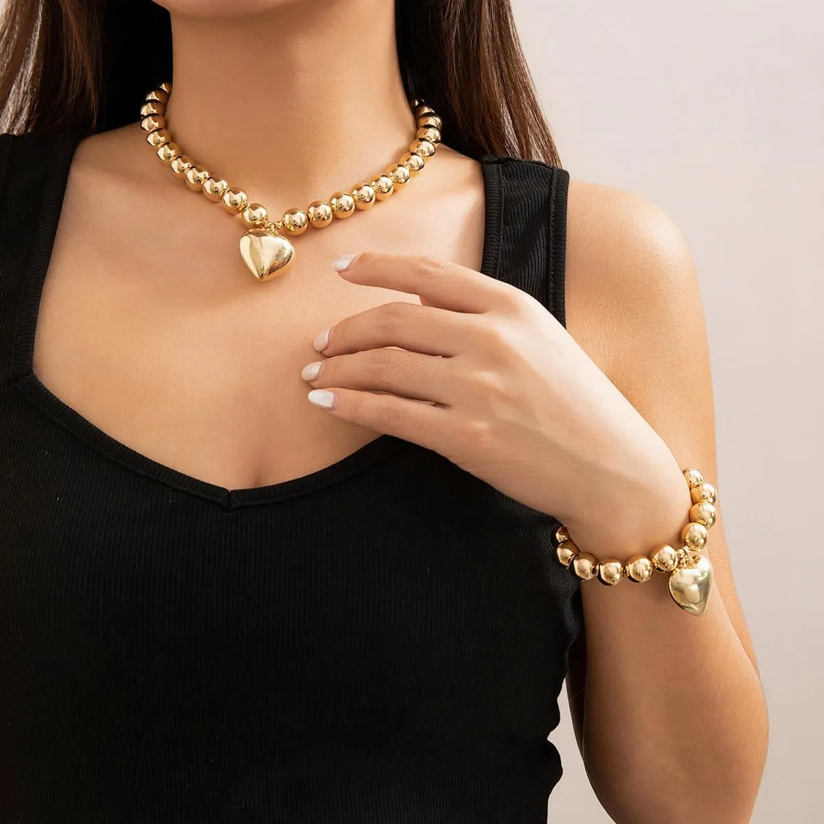 Salircon Chunky Gold Heart Choker Necklace and Bracelet Set With Big Pendant, Pearl Toggle, and Gold Beads