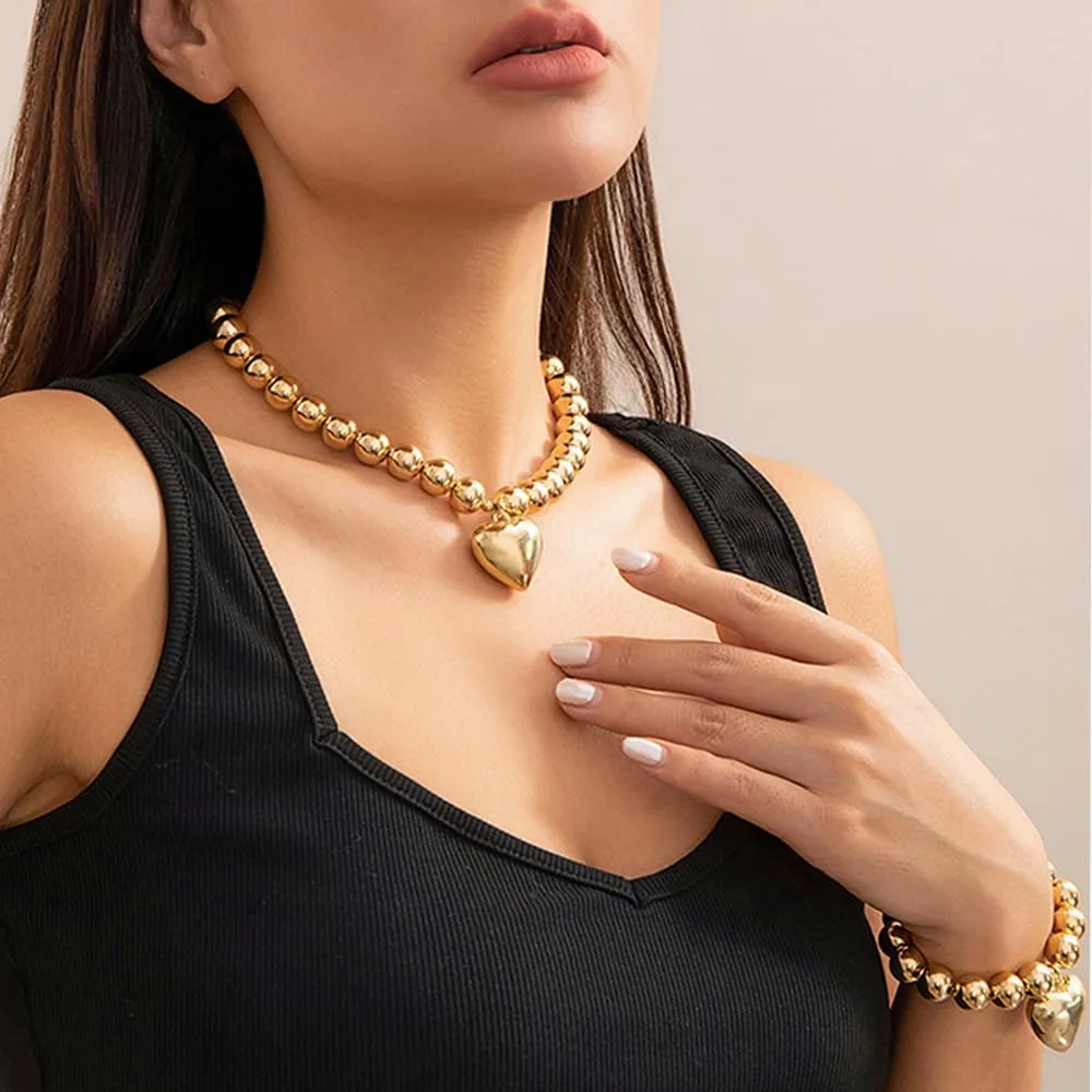 Salircon Chunky Gold Heart Choker Necklace and Bracelet Set With Big Pendant, Pearl Toggle, and Gold Beads