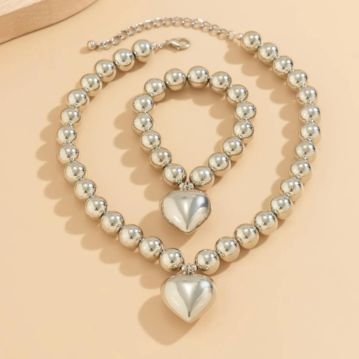 Salircon Chunky Gold Heart Choker Necklace and Bracelet Set With Big Pendant, Pearl Toggle, and Gold Beads