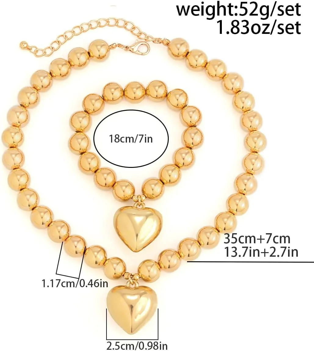 Salircon Chunky Gold Heart Choker Necklace and Bracelet Set With Big Pendant, Pearl Toggle, and Gold Beads