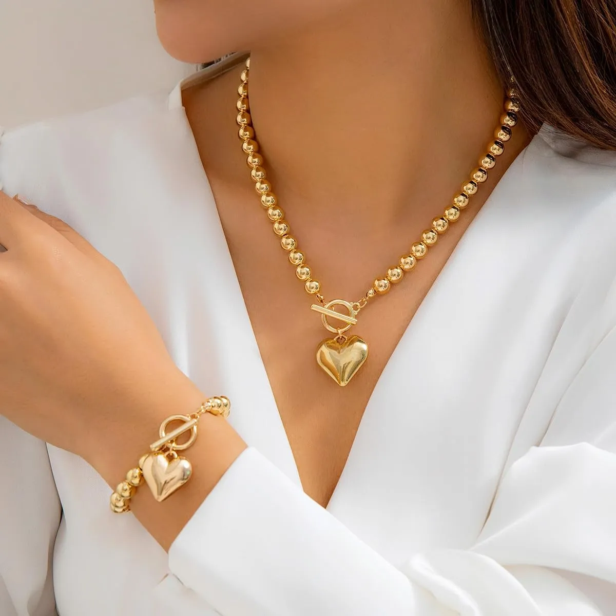 Salircon Chunky Gold Heart Choker Necklace and Bracelet Set With Big Pendant, Pearl Toggle, and Gold Beads