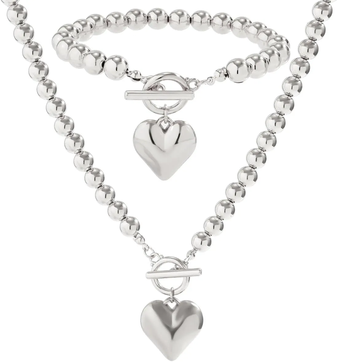 Salircon Chunky Gold Heart Choker Necklace and Bracelet Set With Big Pendant, Pearl Toggle, and Gold Beads