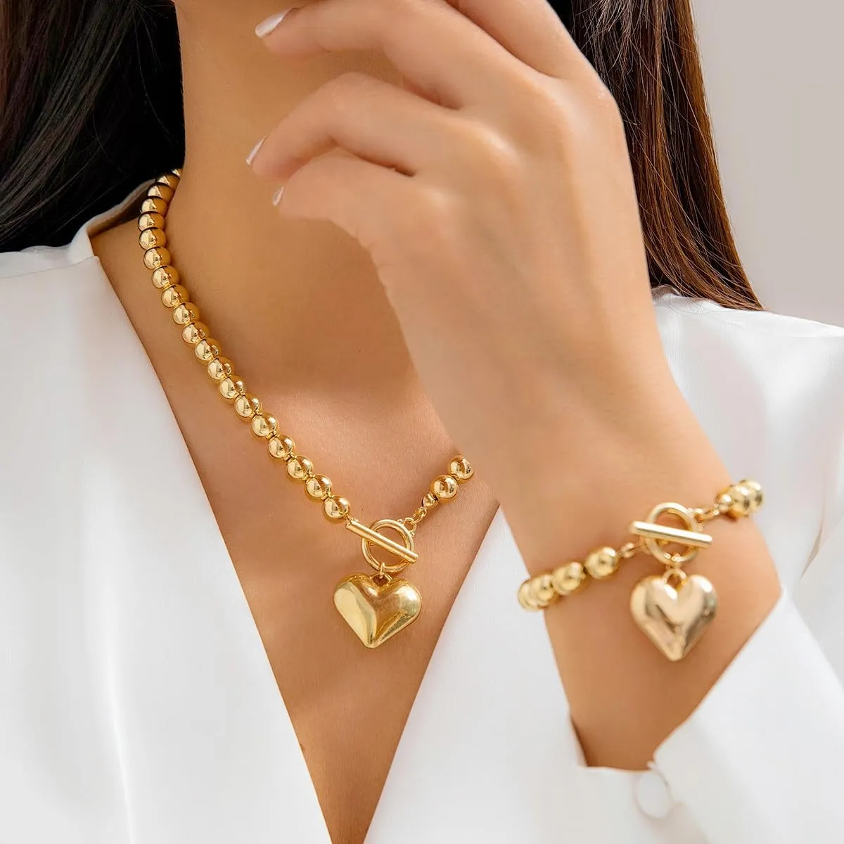 Salircon Chunky Gold Heart Choker Necklace and Bracelet Set With Big Pendant, Pearl Toggle, and Gold Beads