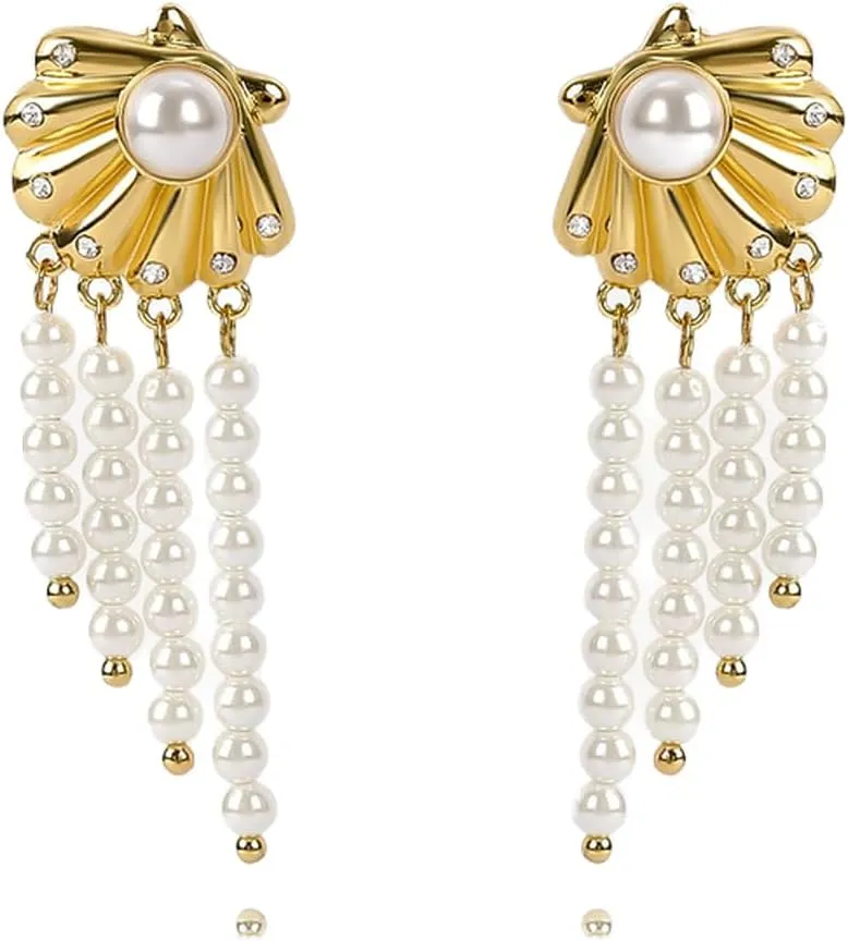 Seashell Dangle Earrings for Women, Shell Tassel Drop Earrings Boho Beaded Tassels Zircon Pendant Shell Earrings Scallop Pearl Seashell Statement Trendy Earrings Summer Beach Vacation Jewelry
