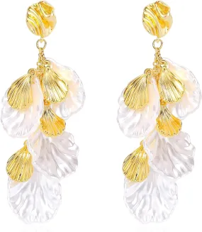 Seashell Tassel Dangle Stud Earrings for Women, 14k Gold Plated Ocean Sea Theme Long Shell Shaped Drop Earrings, Summer Beach Holiday Halloween Party Christma Bride Wedding Jewelry Gift