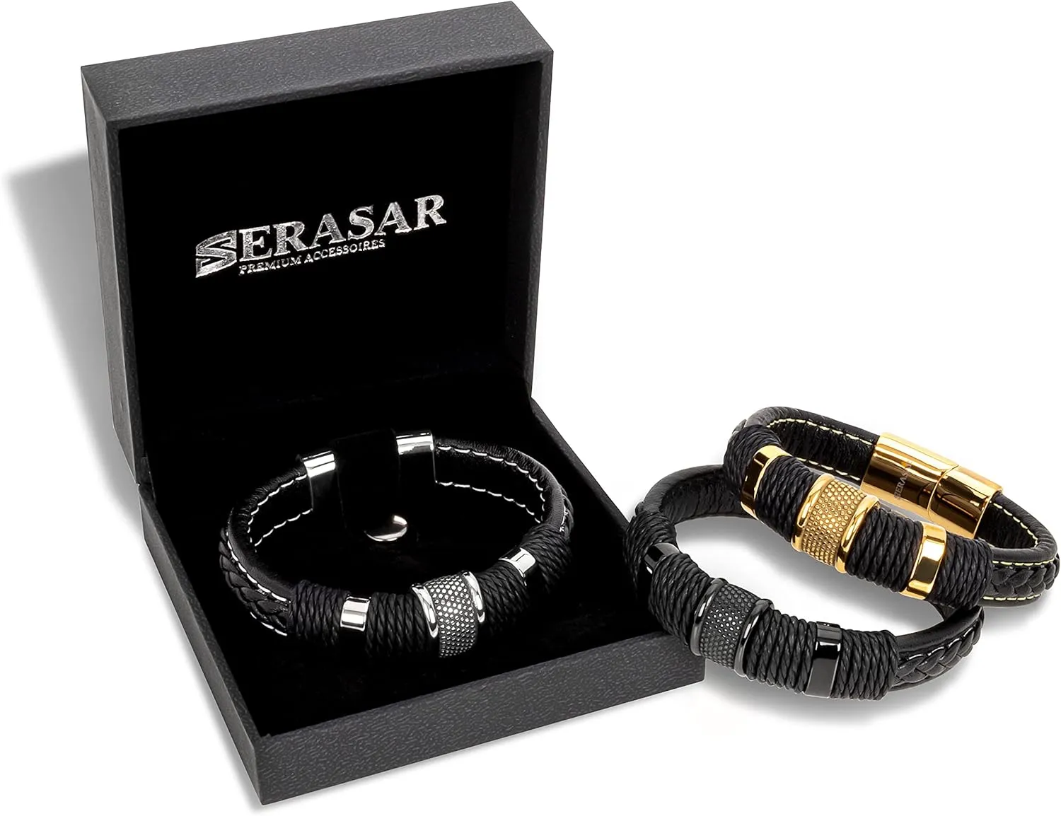 SERASAR Premium Leather Bracelet Men | Stainless Steel Magnetic Clasp | Three Colors | Jewelry Box Included