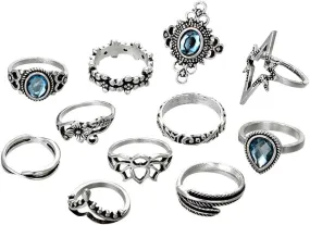 SHANGMAOYO Vintage Silver Knuckle Rings Set for Women, Bohemian Stackable Joint Finger Rings, Retro Stone Crystal Midi Finger Rings Rings (Color : Multicolor, Size : One Size)