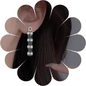 Shiny Star Tassel Chain Earrings Long Tassel Chain Dangle Earrings Silver Star Chain Stud Earrings Minimalist Long Chain Earrings Tiny Star Earrings Jewelry for Women
