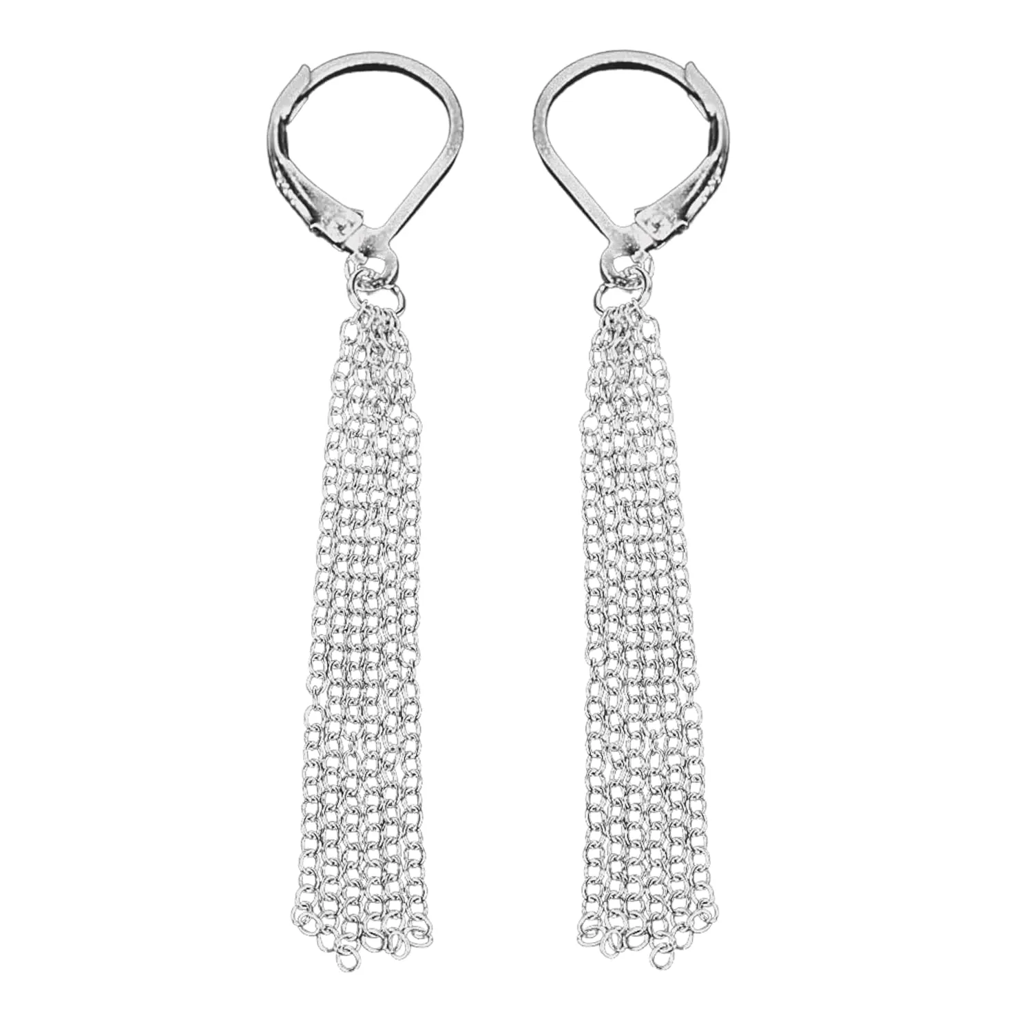 Silver Chain Tassel Leverback Earrings | Sleek Long Sterling Silver Waterfall Fringe Earrings | Lightweight Jewelry For Women