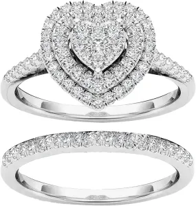 Silver Cluster Wedding Engagement Bridal Ring Set Heart Cubic Zirconia CZ Solitaire Statement Ring Set for Women
