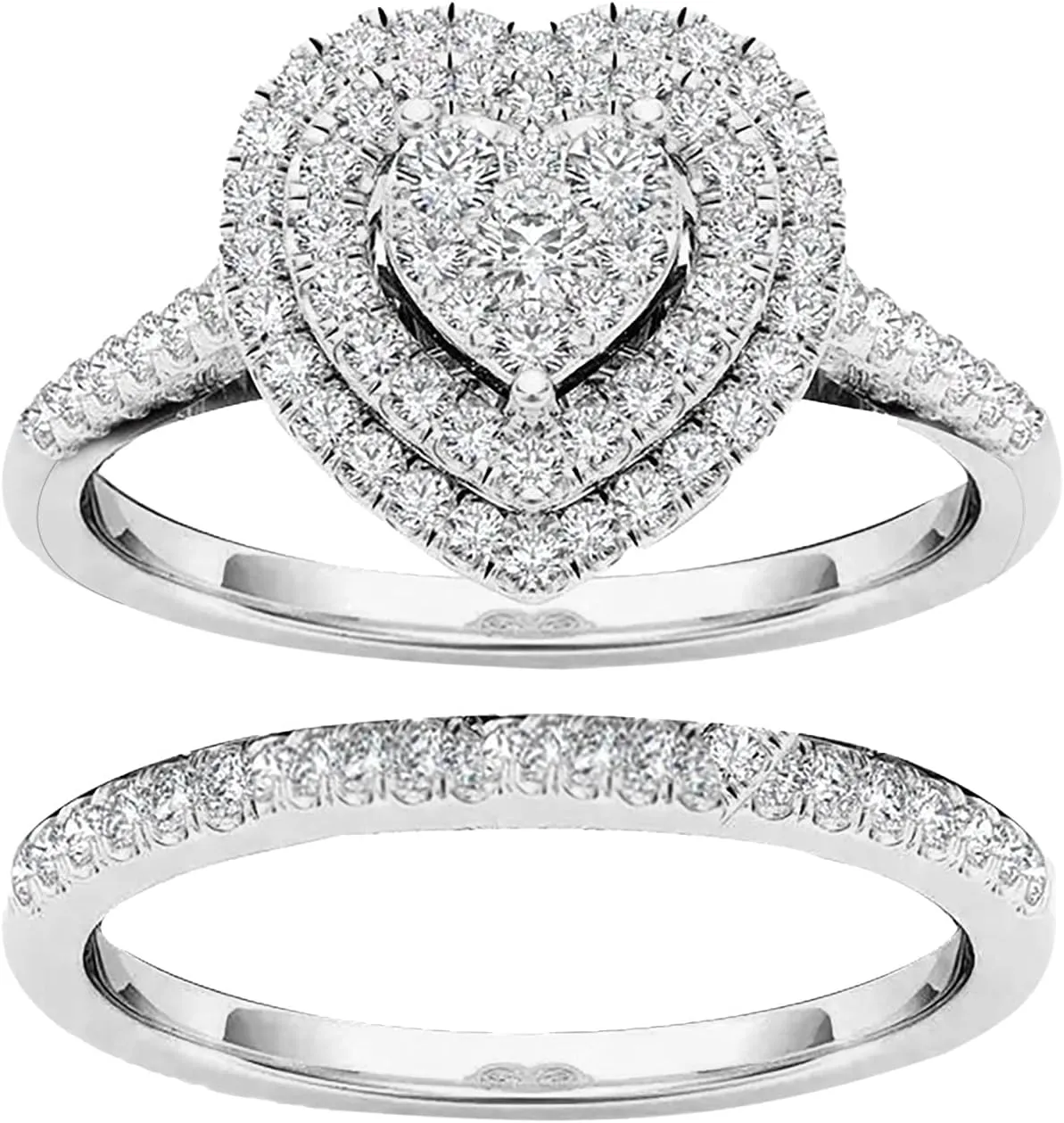 Silver Cluster Wedding Engagement Bridal Ring Set Heart Cubic Zirconia CZ Solitaire Statement Ring Set for Women