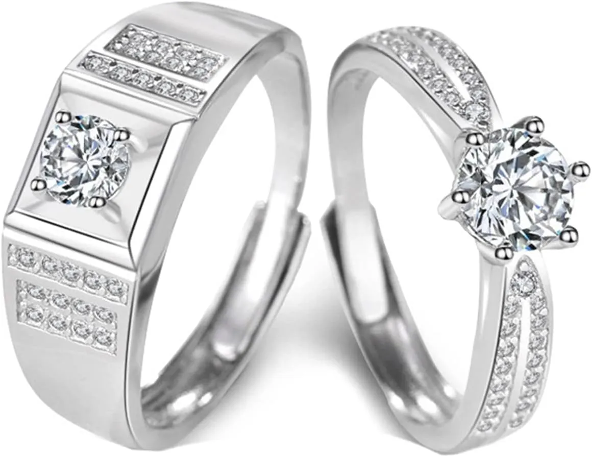 Silver Couple Rings 925 Real, Personalized Wedding Bands for Couples Adjustable Solitaire Ring with Cubic Zirconia