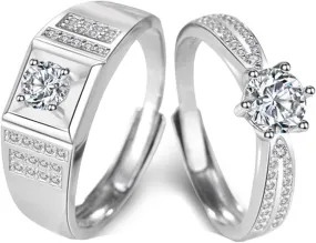 Silver Couple Rings 925 Real, Personalized Wedding Bands for Couples Adjustable Solitaire Ring with Cubic Zirconia