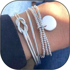 Silver Layered Knot Cuff Bracelet Set for Women Boho Stackable Beaded Bangles Dainty Adjustable Coin Bracelets Hand Jewelry Gifts