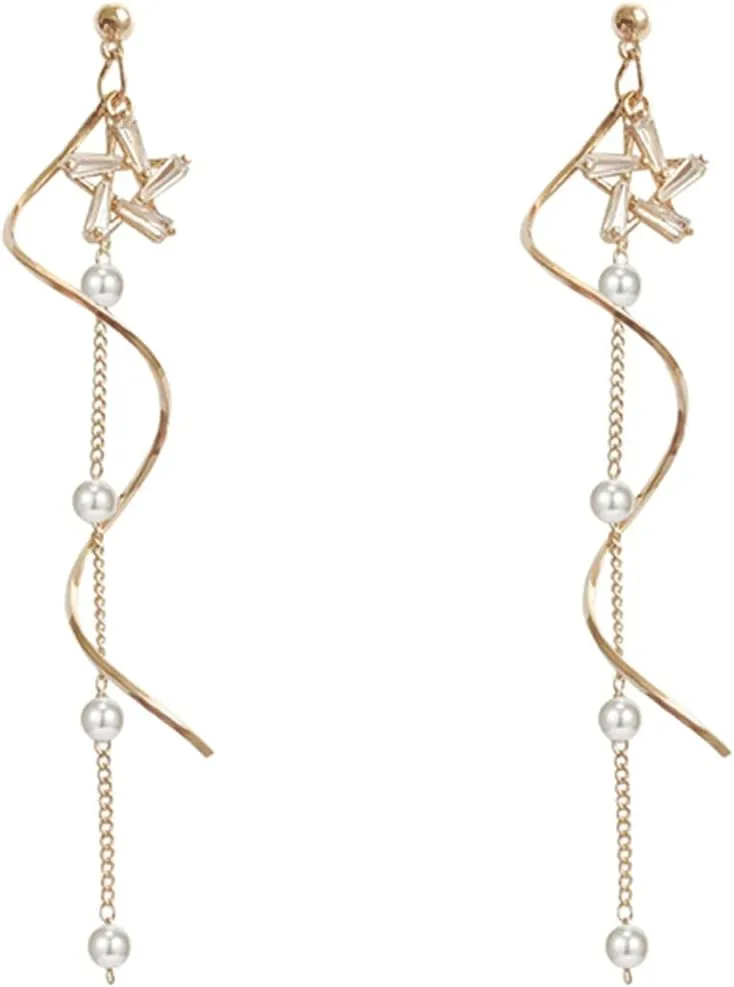 Silver Star Stud Earrings for Women Tassel Earrings Star Drop Long Chain Charm Earrings Pearl Earrings Hypoallergenic Jewelry