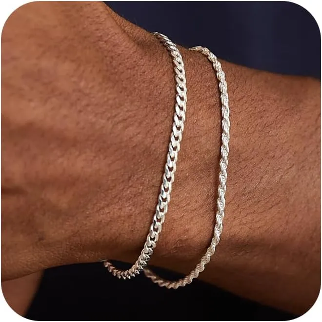 Silver/Gold Layered Chain Bracelets Sets for Men Women Silver Rope Figaro Cuban Link Chain Bracelets Set Men Jewelry Gifts for Dad Boyfriend Husband