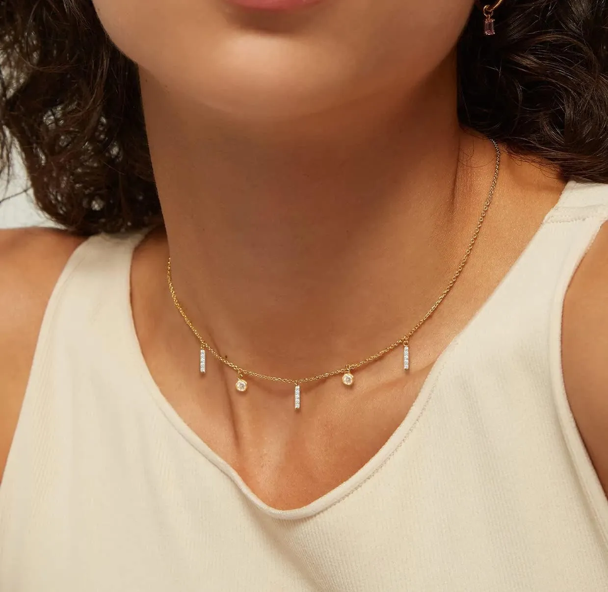 Simple Diamond Choker 18K Gold Plated Leaf Bar Cubic Zirconia Solitaire Pendant Necklace Round CZ for Women