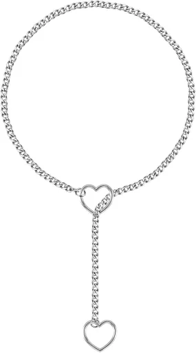 Slip Chain Necklace Punk Rock Long Cuban Necklace for Women Men Adjustable Lariat Y-Necklace Stainless Steel Love Heart Chain Choker Trendy Silver Simple Choker Collar Prom Jewelry Gift
