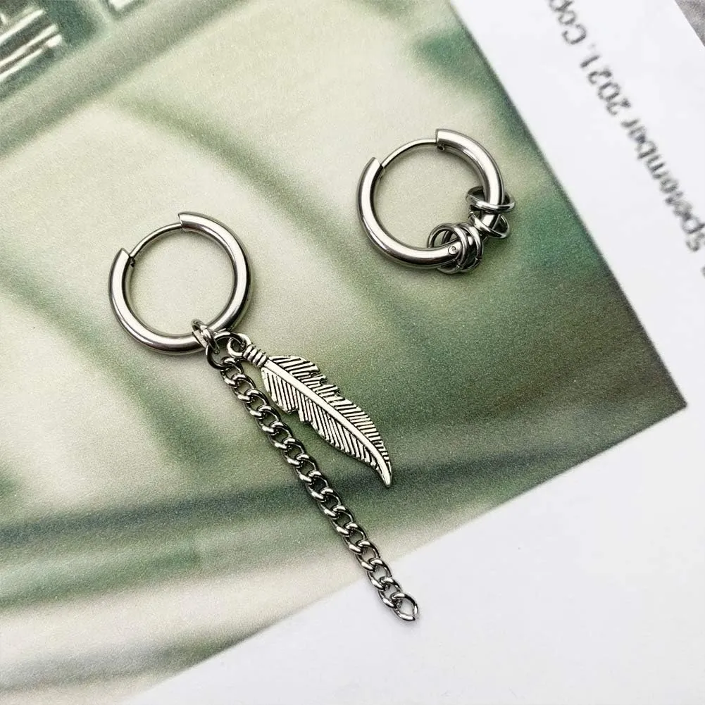 Small Hoop Earrings for Men Women With Cross Feather Spikes Ball Chain Dangle Charms Black Silver 316L Stainless Steel Punk Hip Hop Rock Gothic Kpop Huggies Earrings Set