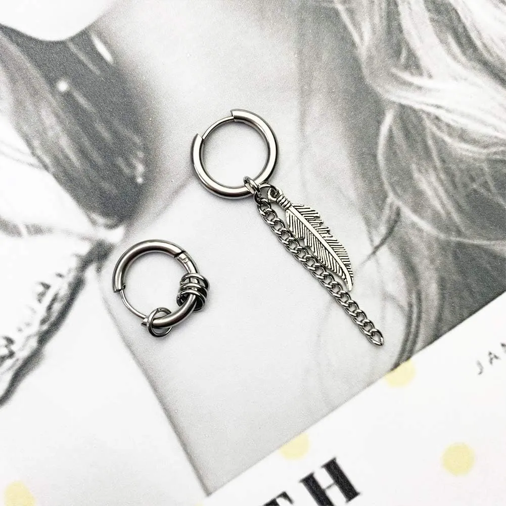 Small Hoop Earrings for Men Women With Cross Feather Spikes Ball Chain Dangle Charms Black Silver 316L Stainless Steel Punk Hip Hop Rock Gothic Kpop Huggies Earrings Set