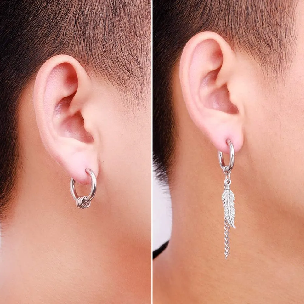 Small Hoop Earrings for Men Women With Cross Feather Spikes Ball Chain Dangle Charms Black Silver 316L Stainless Steel Punk Hip Hop Rock Gothic Kpop Huggies Earrings Set