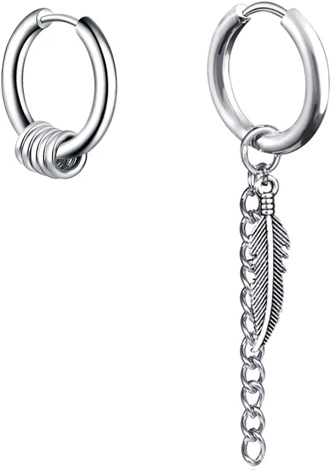 Small Hoop Earrings for Men Women With Cross Feather Spikes Ball Chain Dangle Charms Black Silver 316L Stainless Steel Punk Hip Hop Rock Gothic Kpop Huggies Earrings Set