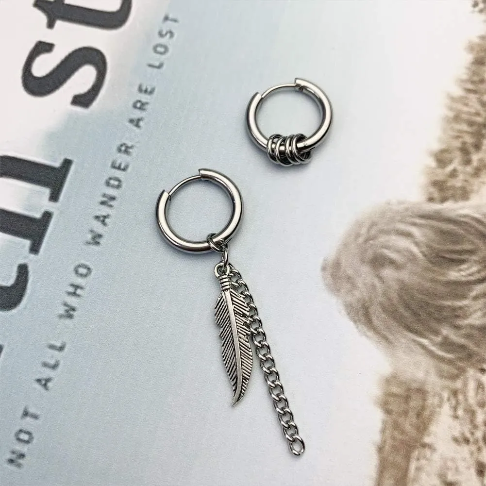 Small Hoop Earrings for Men Women With Cross Feather Spikes Ball Chain Dangle Charms Black Silver 316L Stainless Steel Punk Hip Hop Rock Gothic Kpop Huggies Earrings Set