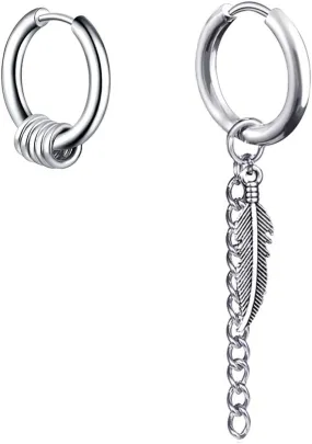 Small Hoop Earrings for Men Women With Cross Feather Spikes Ball Chain Dangle Charms Black Silver 316L Stainless Steel Punk Hip Hop Rock Gothic Kpop Huggies Earrings Set