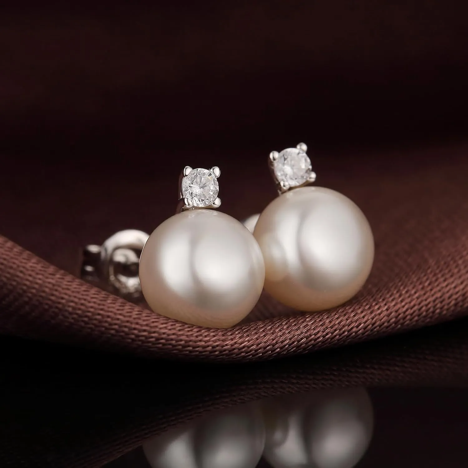 Small Pearl Stud Earrings for Women, 925 Sterling Silver Pearl Diamond Earrings 8MM with Cubic Zirconia, White/Rose Gold/Yellow Gold/Gray Available