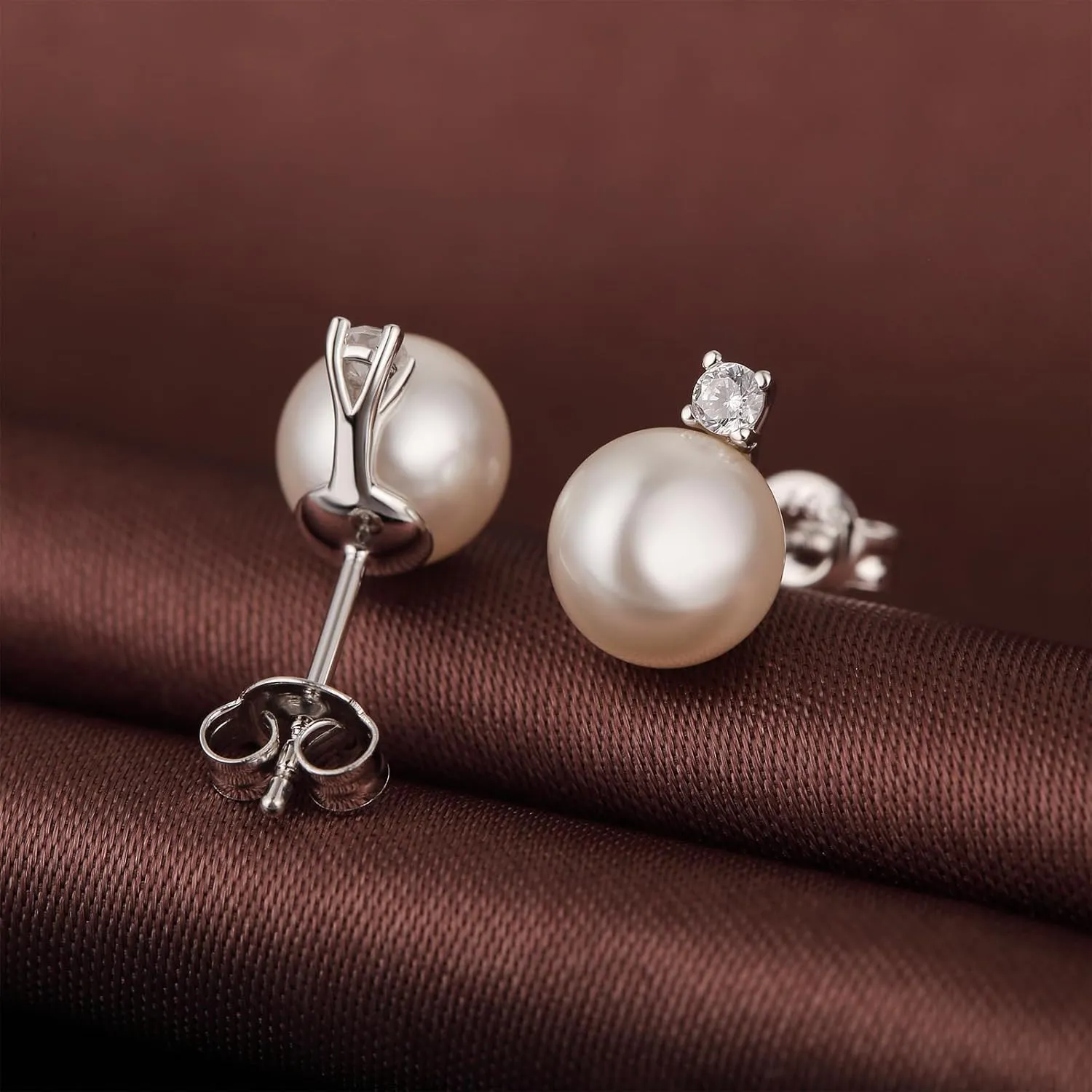 Small Pearl Stud Earrings for Women, 925 Sterling Silver Pearl Diamond Earrings 8MM with Cubic Zirconia, White/Rose Gold/Yellow Gold/Gray Available