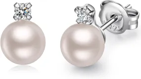 Small Pearl Stud Earrings for Women, 925 Sterling Silver Pearl Diamond Earrings 8MM with Cubic Zirconia, White/Rose Gold/Yellow Gold/Gray Available