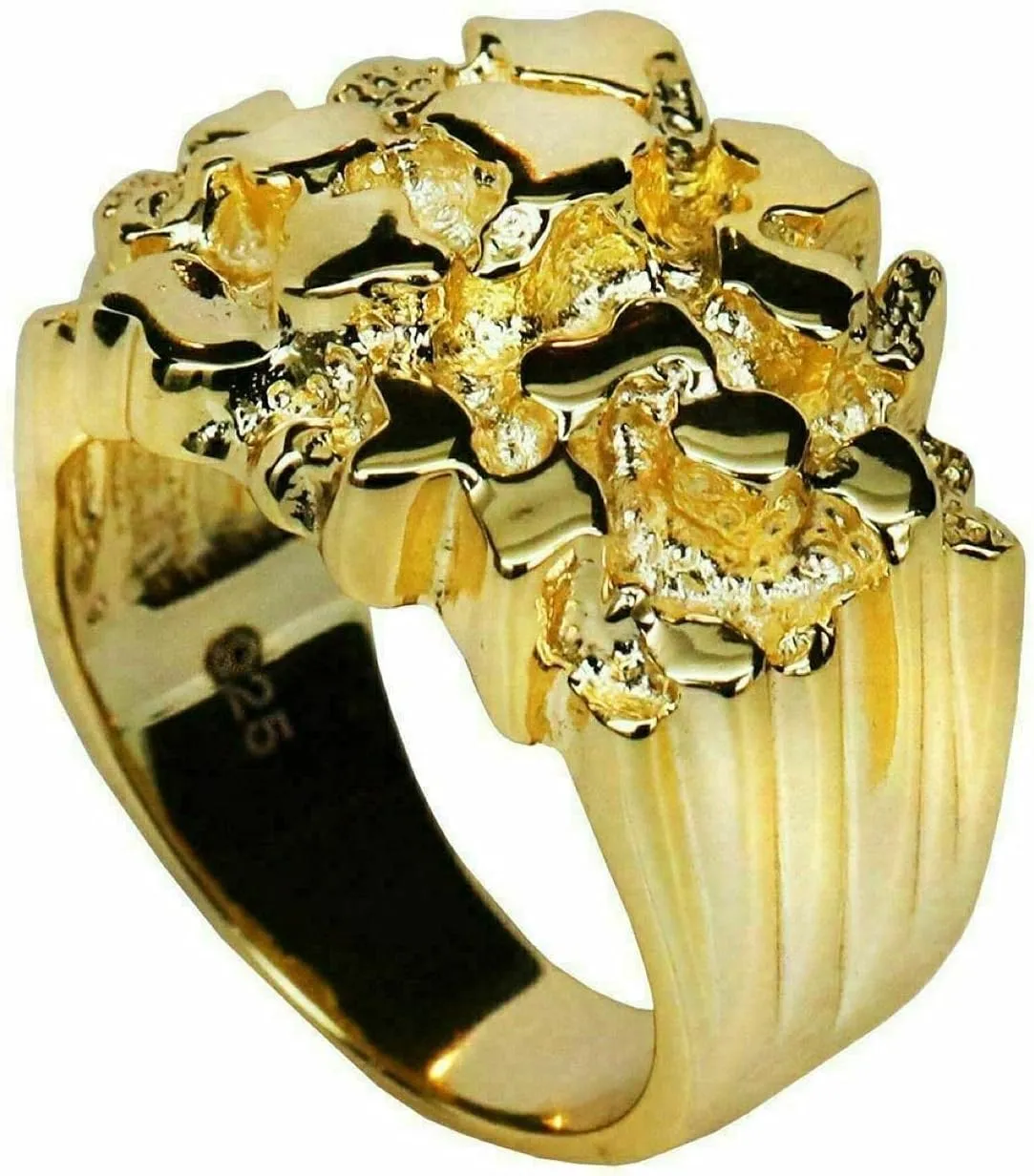 Solid 925 Sterling Silver 14k Yellow Gold Finish - Men's 925 Silver Ring - Gold Nugget Ring - Pinky or Ring Finger - Sizes 6-13