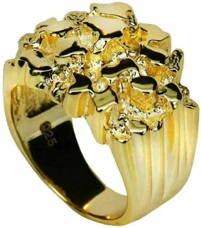 Solid 925 Sterling Silver 14k Yellow Gold Finish - Men's 925 Silver Ring - Gold Nugget Ring - Pinky or Ring Finger - Sizes 6-13