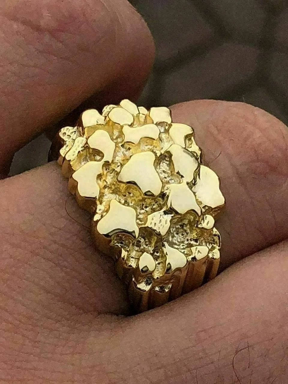 Solid 925 Sterling Silver 14k Yellow Gold Finish - Men's 925 Silver Ring - Gold Nugget Ring - Pinky or Ring Finger - Sizes 6-13