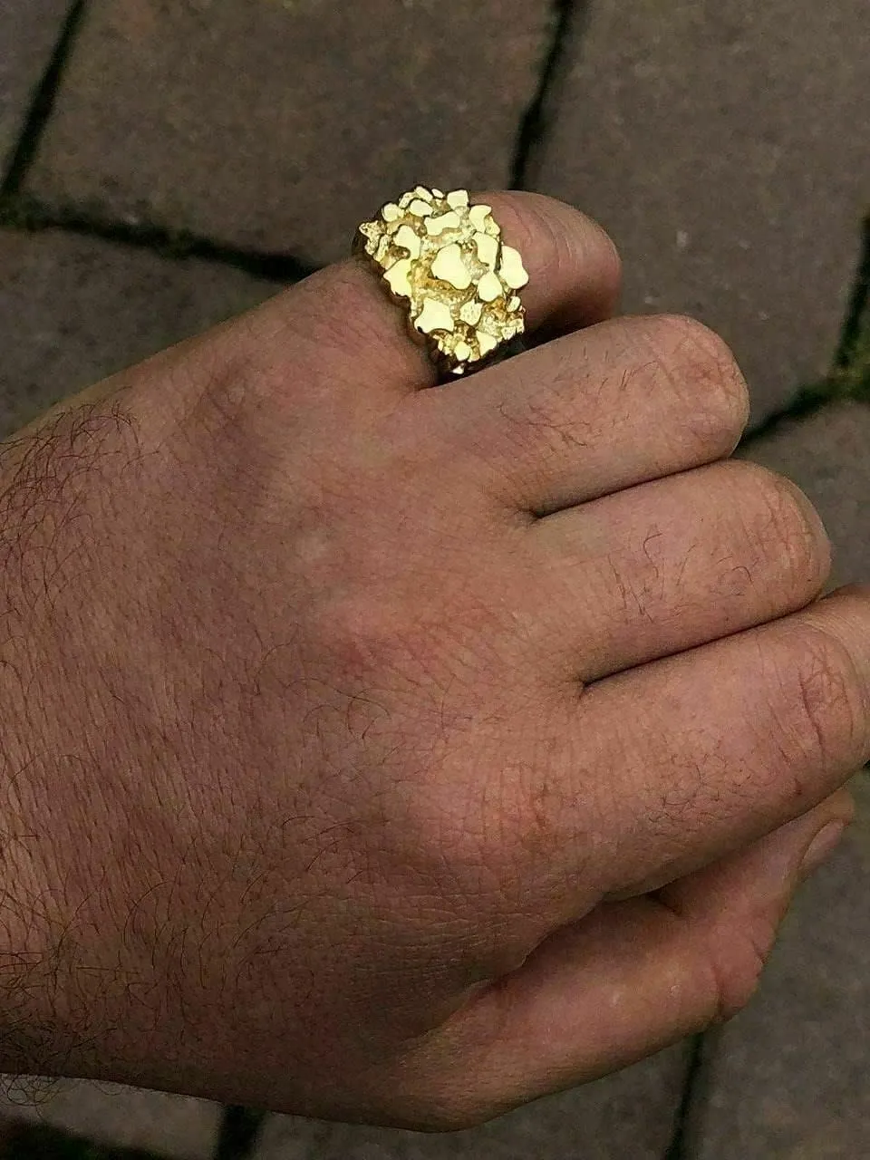 Solid 925 Sterling Silver 14k Yellow Gold Finish - Men's 925 Silver Ring - Gold Nugget Ring - Pinky or Ring Finger - Sizes 6-13